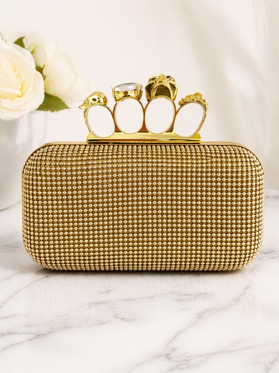 Handbags - Gold Rhinestone Skull Knuckle Clutch Bag | Statement Evening Bag | NWOT